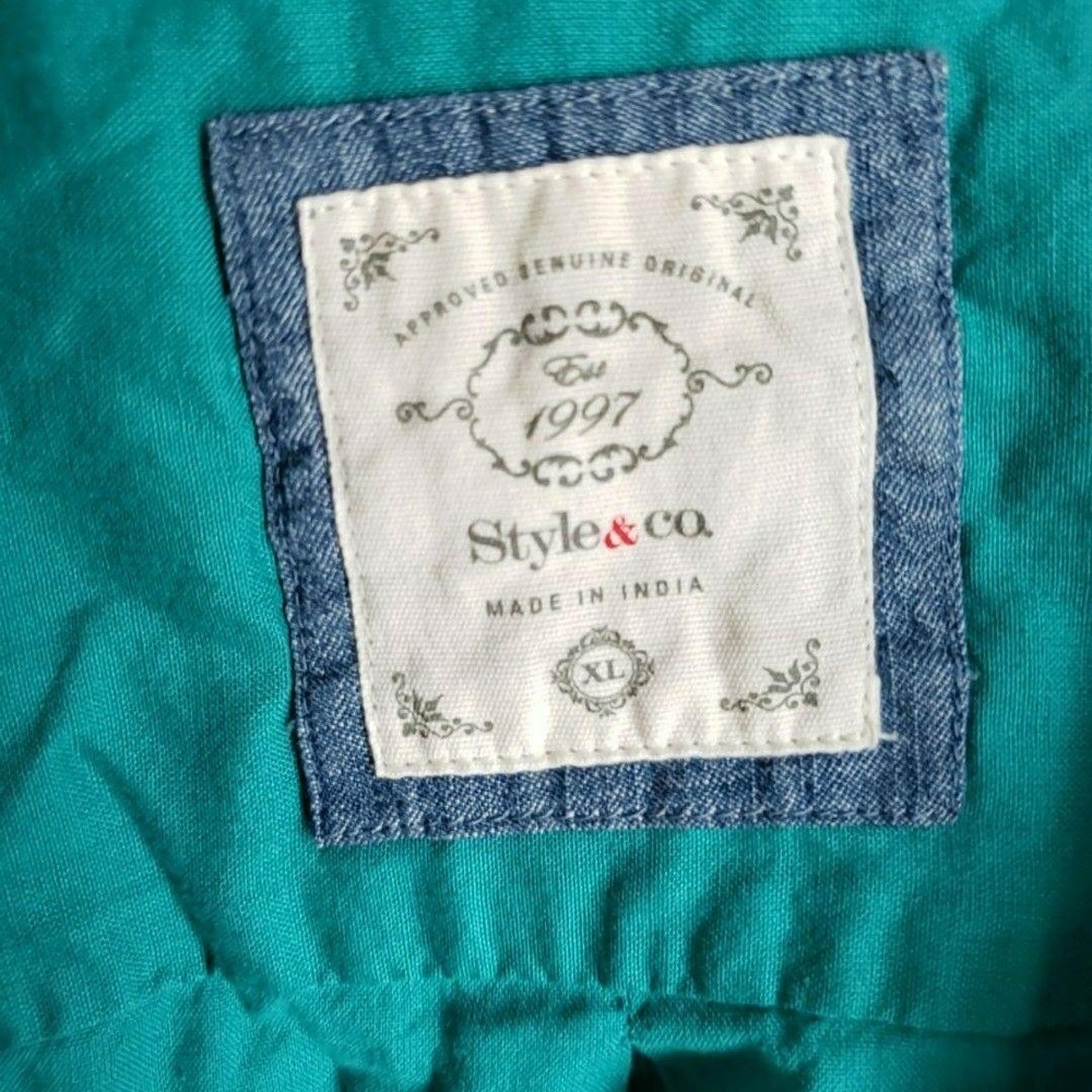 Style & Co Button Up Shirt Womens XL Green Collared Roll Tab Sleeve Top - Picture 7 of 9